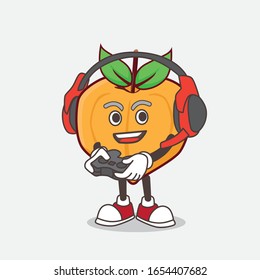 Egg fruit cartoon mascot character play a game with headphone and controller