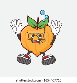 Egg fruit cartoon mascot character wearing Diving glasses