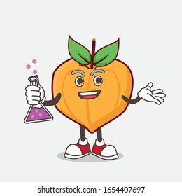 Caricatura de frutas de huevo personaje de profesor de mascota con tubo de vidrio