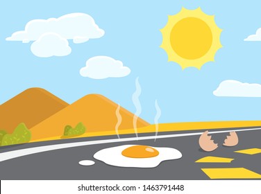 Egg Frying On Asphalt Road Under Hot Summer Sun In American Desert. Heat Caution Awareness. Danger High Temperature Cartoon Flat Vector Concept