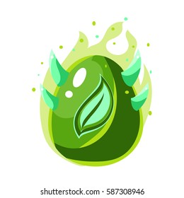 Egg With Green Flames And Leaf Print , Fantastic Natural Element Egg-Shaped Bright Color Vector Icon