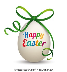 Egg with green ribbon and text Happy Easter. Eps 10 vector file.