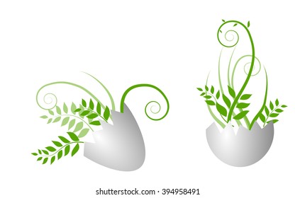 egg with growing grass and twigs
