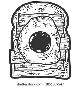 Sándwich de huevos y jamón. Esbozar la imitación de tablero de arañazos. Blanco y negro. Grabando ilustración vectorial.