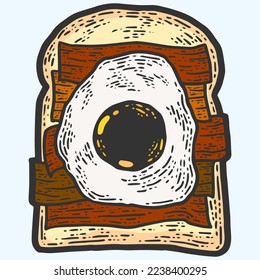 Egg and ham sandwich. Sketch scratch board imitation color. Engraving vector.