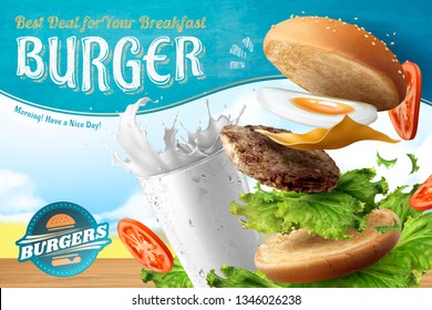 Egg hamburger ads with milk on blue sky background in 3d illustration
