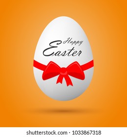 Egg with Happy Easter lettering and red bow. Vector illustration. Festive Easter card with egg.