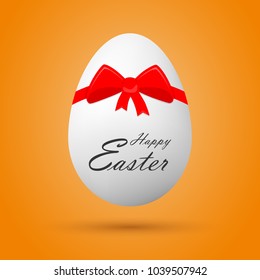 Egg with Happy Easter lettering and red bow. Vector illustration. Festive Easter card with egg.