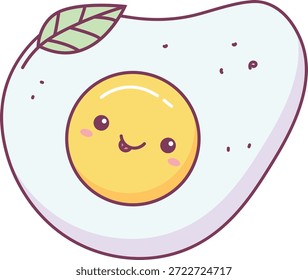Ovo com cara de gema feliz, forma de concha e detalhe de folha em linha de arte limpa. Símbolo de alegria do café da manhã, comida de conforto, positividade e cozinha saudável. Ilustração de vetor de desenhos animados.
