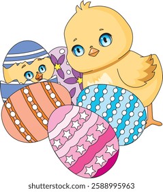 Egg Hatching Chick And Mom Chicken Easter Illustration