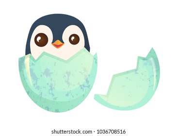 Egg hatching. Cute easter chick in eggshell vector illustration