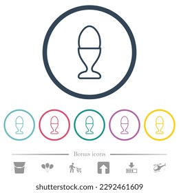 Egg in egg holder outline flat color icons in round outlines. 6 bonus icons included.