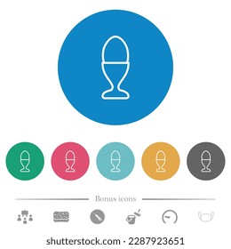 Egg in egg holder outline flat white icons on round color backgrounds. 6 bonus icons included.