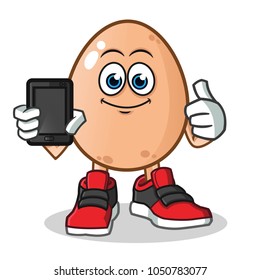 egg holding phone mascot vector cartoon illustration