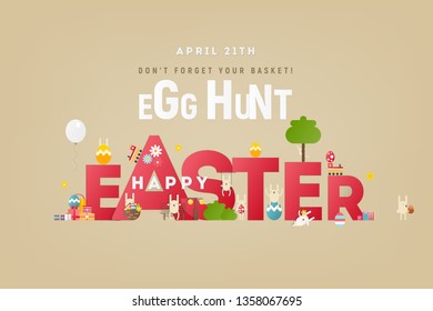 Egg Hunt Banner. Easter Eggs and Cartoon Bunny near Big Characters. Spring Greeting Card or Poster in Retro Style. Design Invitation For Holiday. Vector Illustration.