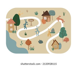 Egg hunt boho map. Happy Easter concept. Town with houses, trees and bunnies. Bohemian greeting card. Religion holiday decoration. Vector stock illustration