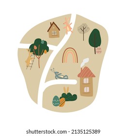 Mapa del boho de la caza de huevos. Feliz diseño de Pascua. Pueblo con casas, conejillos y arcoíris. Tarjeta de saludo de vacaciones. Ilustración de material vectorial