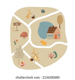 Egg hunt boho map. Happy Easter. House and bunnies. Cartoon kids village. Bohemian greeting card. Religion holiday decoration. Vector stock illustration