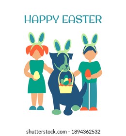 Egg hunt with boy, girl and dog Happy easter card Flat illustration