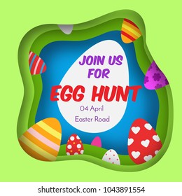 Egg hunt. Colorful Easter banner. Background in paper cut, paper craft style. Invitations for kids and children. Spring Seasonal greetings and other
