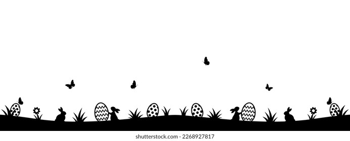 caza de huevos, fondo de Pascua, silueta negra de conejillos, huevos de pascua, mariposas, flores, ilustración vectorial panorámica, Ostermotiv Hintergrund