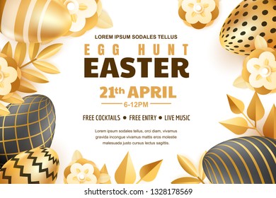 Egg hunt Easter horizontal banner template. Holiday poster or flyer layout. Vector 3d gold and black realistic eggs and leaves illustration.