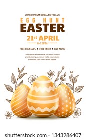 Egg hunt Easter poster or banner template. Holiday flyer layout with place for text. Vector illustration. 3d gold realistic eggs and sketch hand drawn leaves.