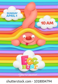 Egg hunt greeting card with pink bunny cartoon character on rainbow background. Vector illustration