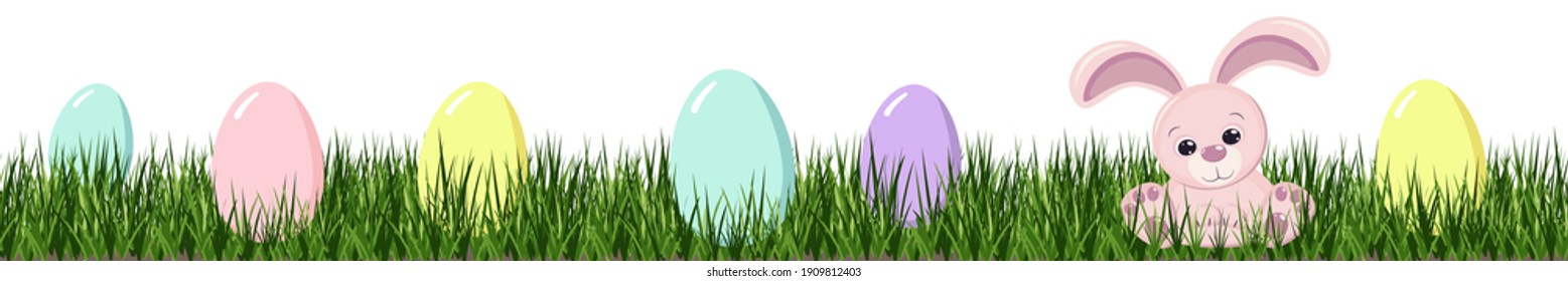 Egg hunt Happy Easter cute pink bunny rabbit in the grass. Seamless border isolated on a white background. A greeting card or banner of bright colors. Vector illustration in flat cartoon style.