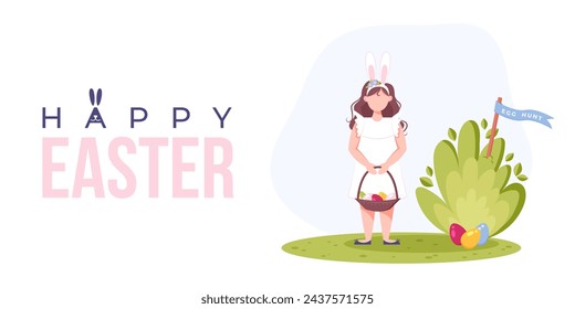 Egg hunt. Happy Easter web banner, greeting. Girl with rabbit ears and with basket with eggs going for an egg hunt. Easter celebration, family holiday tradition. Flat cartoon vector illustration.