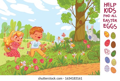 Egg hunt. Help the children find 10 hidden Easter eggs in the meadow. Puzzle Hidden Items. Funny cartoon character