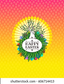 Egg hunt illustration. Easter game with painted Paschal eggs. Greeting or invitation card design element. White Easter bunny with painted eggs, bush and green grass in circle. Retro styled text