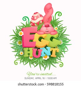 Egg hunt invitation card with pink bunny. Vector illustration