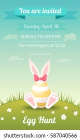 Egg Hunt Invitation Flyer. Easter Egg With Bunny Ears And Paws On Grass With Decorative Flowers.  Vector Illustration. Egg Hunt Holiday.