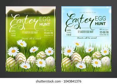 Egg hunt invitation template with realistic golden decorated eggs, daisy flowers and doodles. Happy Easter greeting card trendy design. Vector illustration for you poster or flyer.
