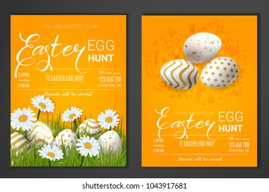 Egg hunt invitation template with realistic golden decorated eggs, daisy flowers and doodles. Happy Easter greeting card trendy design. Vector illustration for you poster or flyer.