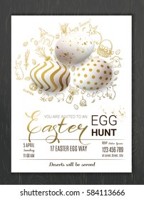 Egg hunt invitation template with realistic golden decorated eggs and cute doodles. Happy Easter greeting card trendy design. Vector illustration for you poster or flyer.