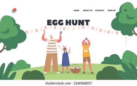 Egg Hunt Landing Page Template. Happy Family Easter Celebration. Granny with Children Girl and Boy Wear Rabbit Ears Hunting Eggs on Green Field. People Festive Activities. Cartoon Vector Illustration