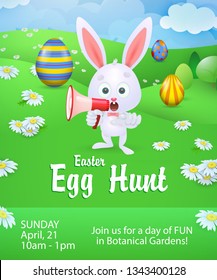 Egg Hunt lettering and bunny holding loudspeaker. Easter invitation. Handwritten text, calligraphy. For leaflets, brochures, invitations, posters or banners.