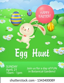 Egg Hunt lettering, bunny walking with balloon. Easter invitation. Handwritten text, calligraphy. For leaflets, brochures, invitations, posters or banners.