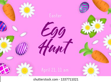 Egg hunt lettering with date, flowers, eggs and carrots. Easter party invitation. Handwritten text, calligraphy. For leaflets, brochures, invitations, posters or banners.