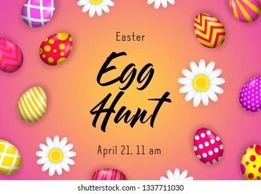 Egg hunt lettering with decorated eggs and flowers. Easter party invitation. Handwritten text, calligraphy. For leaflets, brochures, invitations, posters or banners.