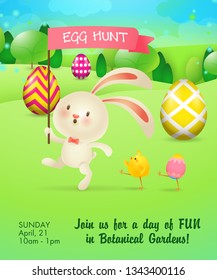 Egg Hunt lettering on flag held by rabbit walking in meadow. Easter invitation. Handwritten text, calligraphy. For leaflets, brochures, invitations, posters or banners.