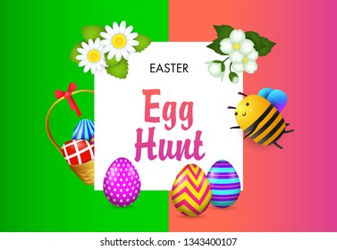 Egg Hunt lettering with painted eggs, flowers and bee. Easter invitation. Handwritten text, calligraphy. For leaflets, brochures, invitations, posters or banners.
