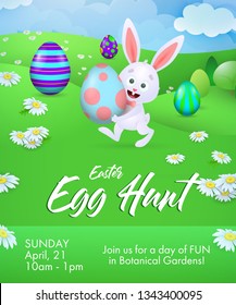 Egg Hunt lettering with rabbit carrying egg. Easter invitation. Handwritten text, calligraphy. For leaflets, brochures, invitations, posters or banners.