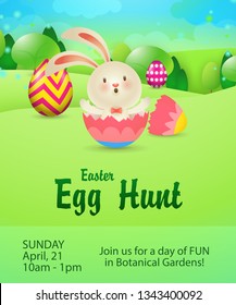 Egg Hunt lettering with rabbit in egg shell. Easter invitation. Handwritten text, calligraphy. For leaflets, brochures, invitations, posters or banners.