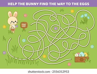 Egg hunt, maze. Choose right path to the box of Easter eggs. Cartoon, isolated vector illustration eps 10