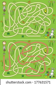 Egg hunt maze for kids with a solution 