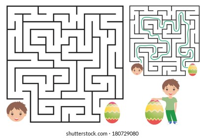 Egg hunt maze for kids with a solution. Vector illustration
