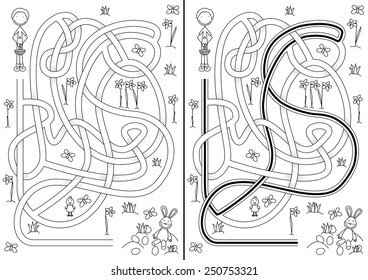 Ei-Jagd Labyrinth für Kinder mit einer Lösung in schwarz-weiß